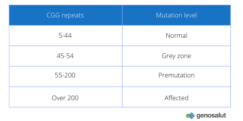 Fragile X syndrome and mutation level: normal, grey area, premutation and affected