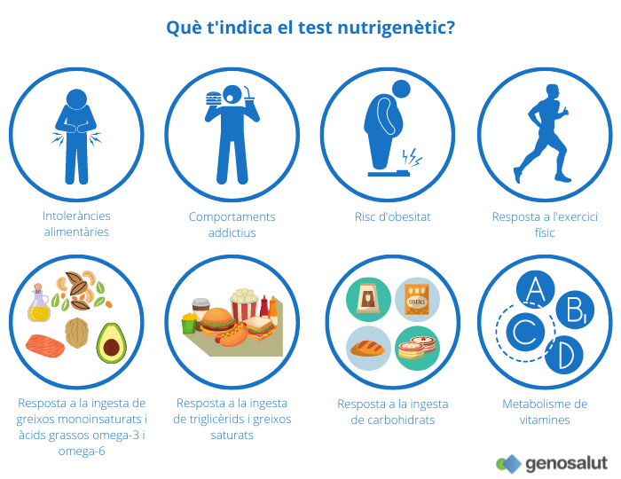 Tests nutrigenètics i nutrigenòmics: obesitat, intoleràncies, resposta a l'exercici i metabolisme d'hidrats de carboni, greixos i vitamines.